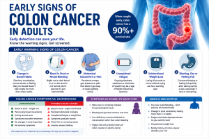 Home 28 Medical infographic titled “Early Signs of Colon Cancer in Adults” showing a colon illustration and key warning signs including changes in bowel habits, blood in stool, abdominal pain, unexplained fatigue, weight loss, and bloating. The infographic also compares colon cancer symptoms with hemorrhoids, highlights symptoms in women and men over 50, lists major risk factors, and provides colon cancer screening age guidelines for early detection and prevention.